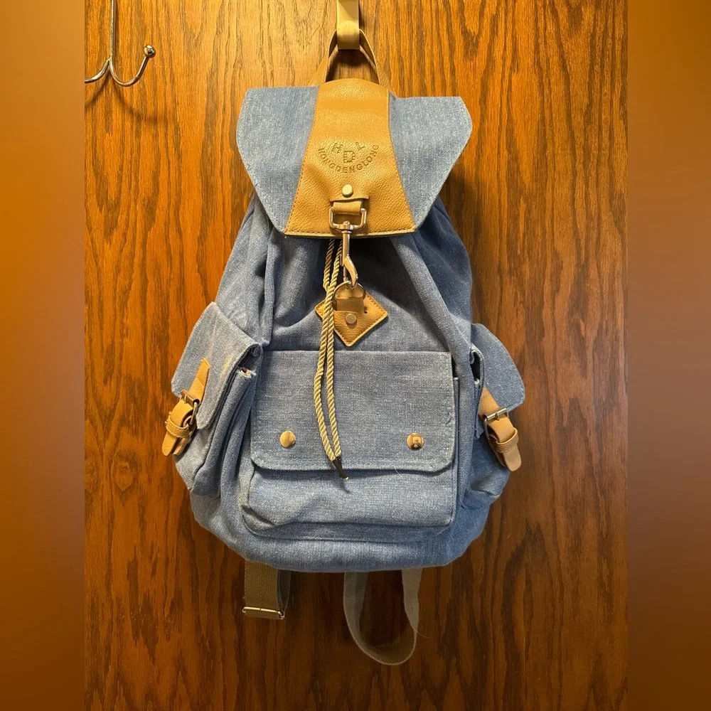 Blue and Tan Drawstring Backpack
